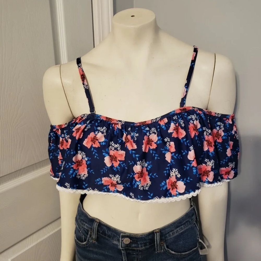 Tempt Me Floral Ruffle Bandeau Removable Cups Adjustable Straps Bikini Top Large